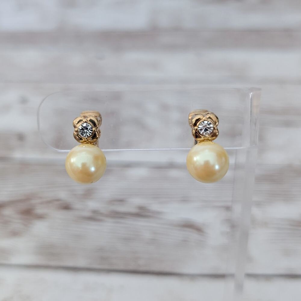 Vintage Clip On Earrings Faux Pearl with Clear Gem Statement Elegant Earrings